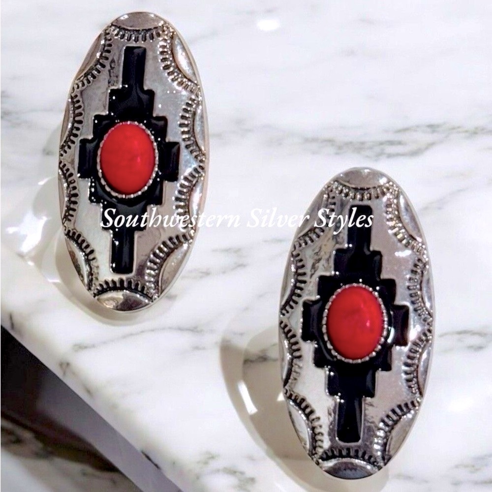 Tribal Replica Navajo Shadow Box Red Howlite Turquoise Silver Plated Earrings